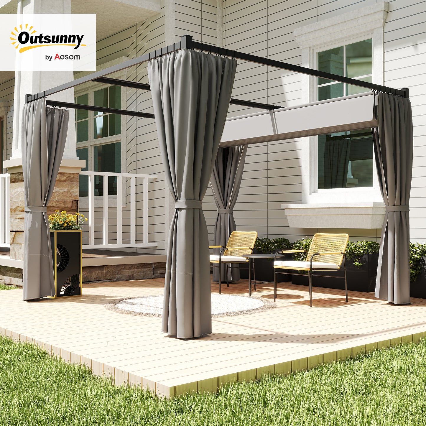 Pergola with Retractable Roof and Curtains, Light Grey - Stay-outdoors.co.uk