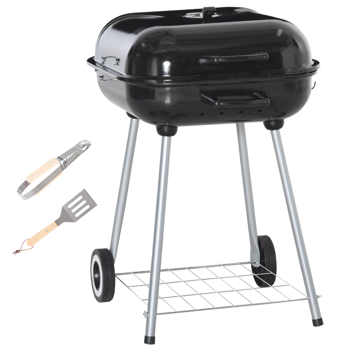 Outsunny BBQ Charcoal Smoker Grill Trolley with 2 Wheels and Grilling Utensils - Stay-outdoors.co.uk