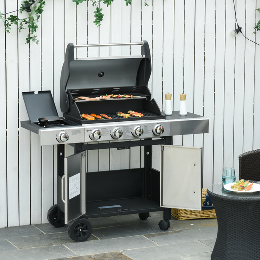 Gas Barbecue Grill 4+1 Burner with Trolley Rack – Stainless Steel (128 x 50 x 113cm) - Stay-outdoors.co.uk