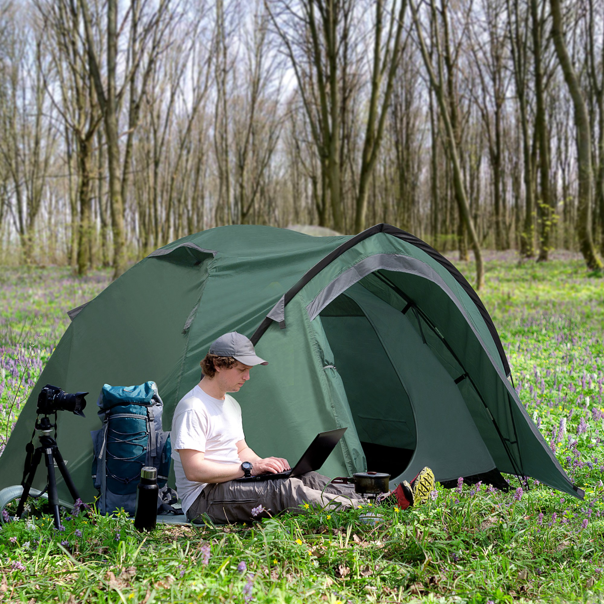 Compact Camping Tent w/ Vestibule & Mesh Vents for Hiking Green - Stay-outdoors.co.uk