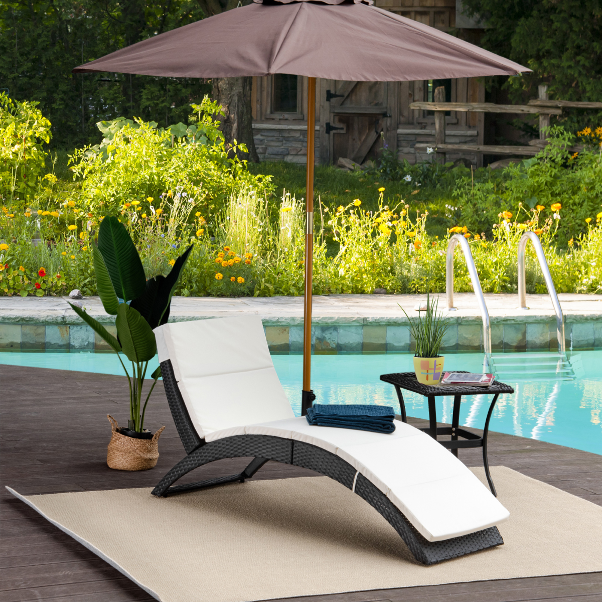 Sun Lounger Rattan Hammock Sun Bed Garden Folding Recliner Chair w/ Cushion - Stay-outdoors.co.uk