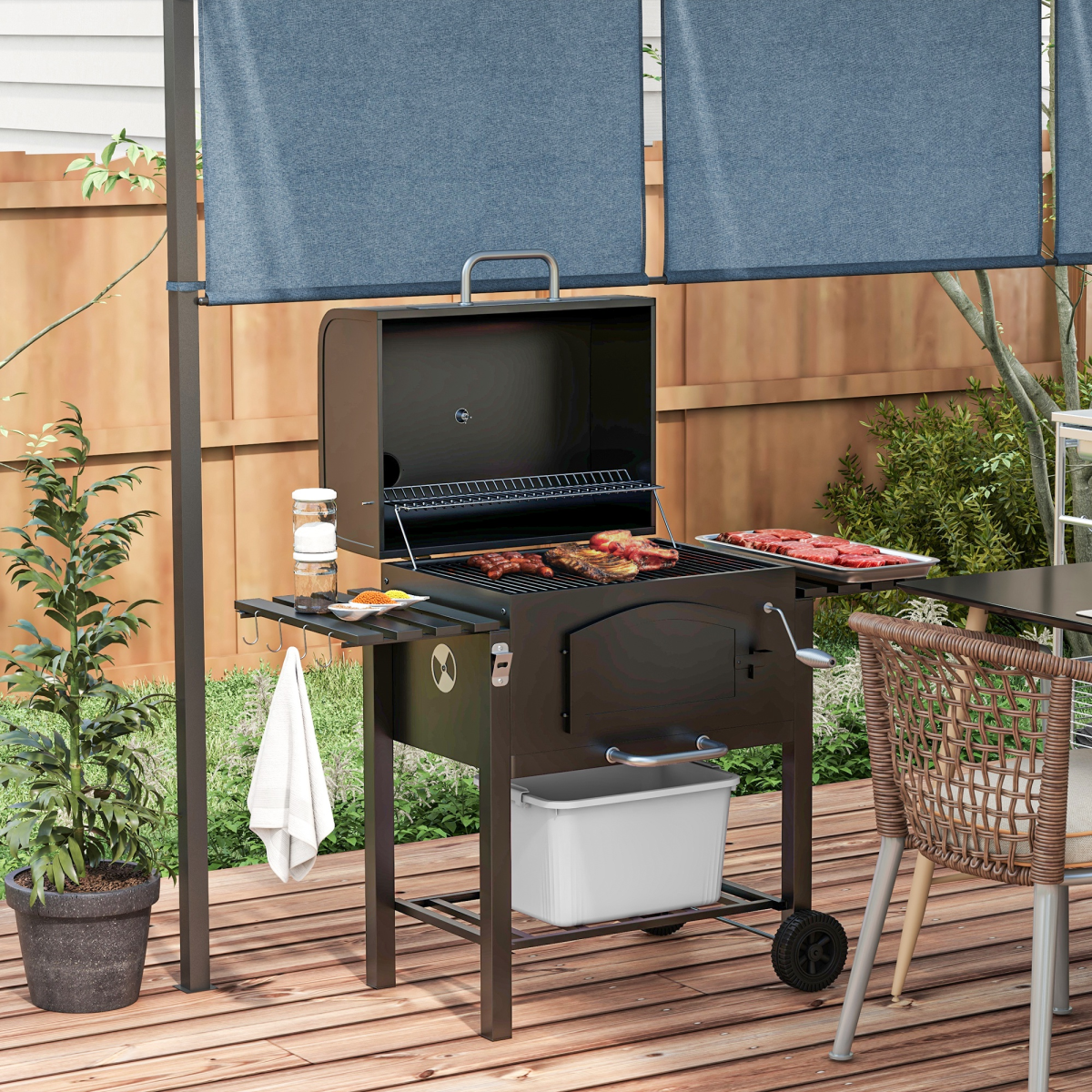 Charcoal Grill BBQ Trolley w/ Adjustable Charcoal Height & Thermometer - Stay-outdoors.co.uk