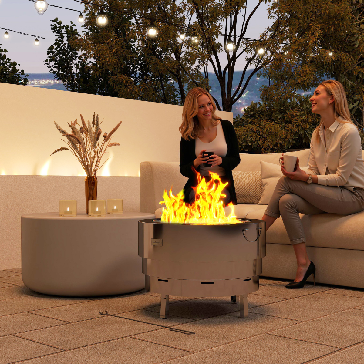 Round Fire Pit with Grill Net, Stainless Steel Firepit, Silver - Stay-outdoors.co.uk