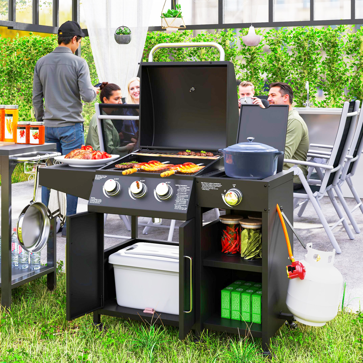 9.5 kW Gas Barbecue with 3+1 Burner, Storage Cabinet and Shelves - Stay-outdoors.co.uk