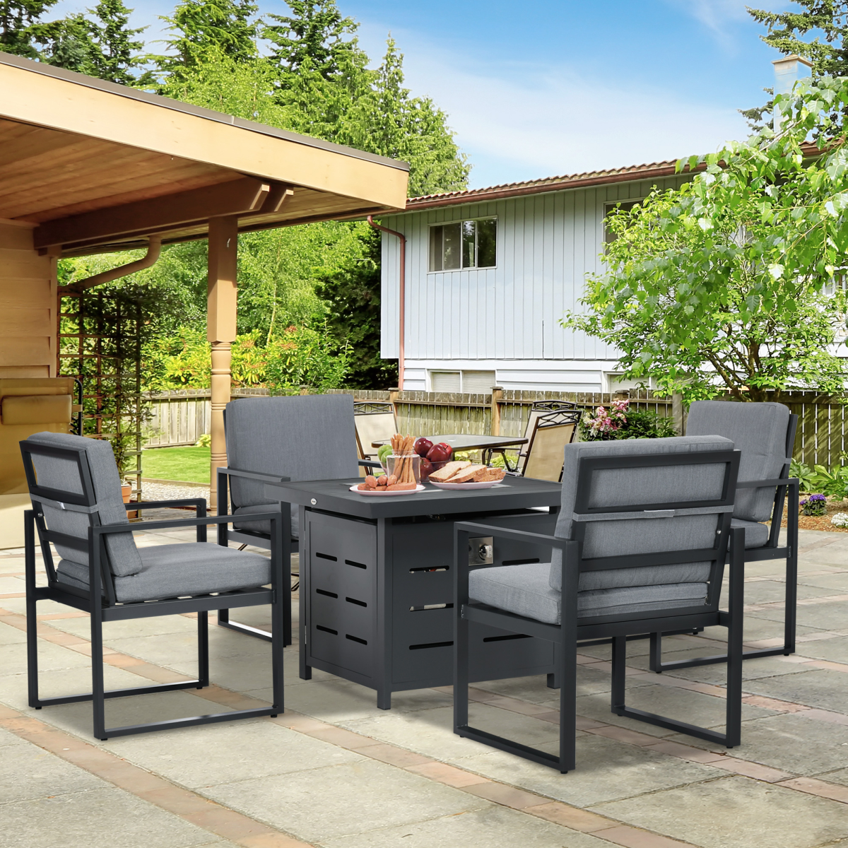 4 Seater Aluminium Garden Furniture Set with Gas Firepit Table, Grey - Stay-outdoors.co.uk