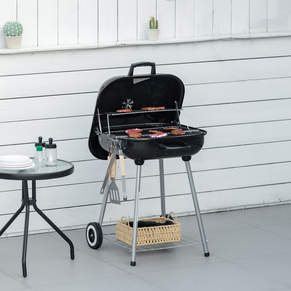Outsunny BBQ Charcoal Smoker Grill Trolley with 2 Wheels and Grilling Utensils - Stay-outdoors.co.uk