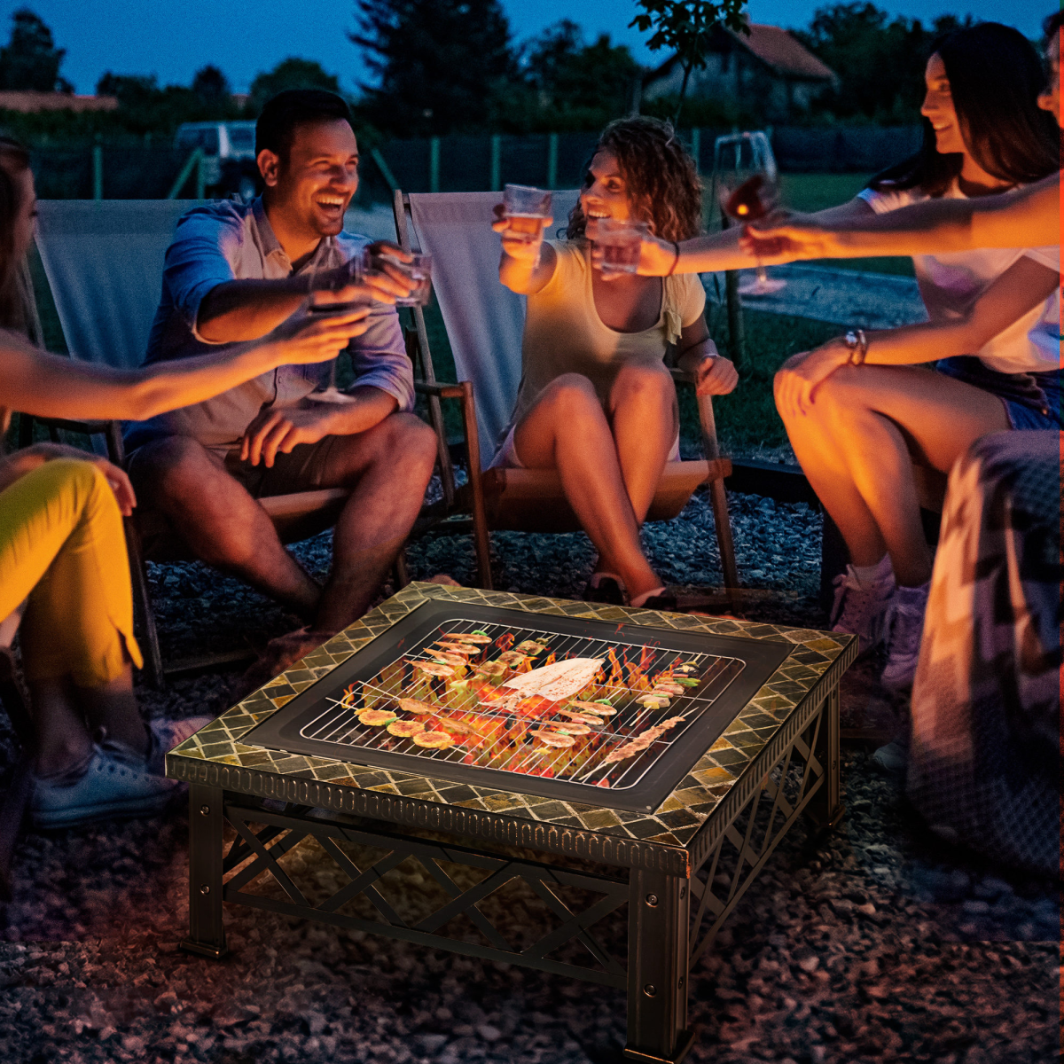 76cm Square Garden Fire Pit Square Table w/ Poker Mesh Cover Log Grate - Stay-outdoors.co.uk
