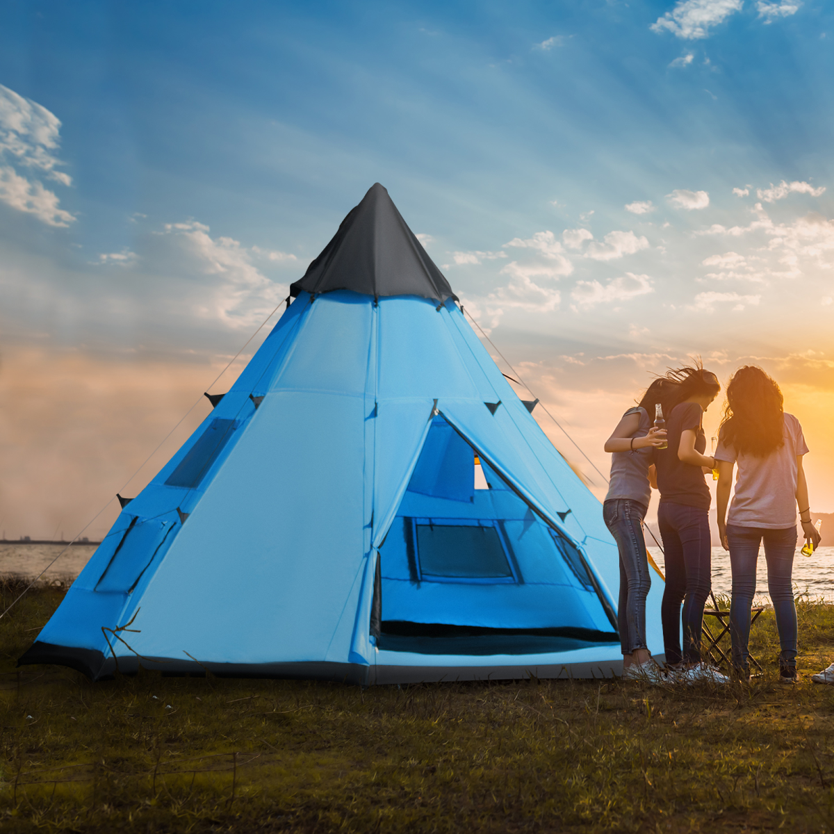 6-7 Person Large Family Tipi Camping Tent Carrying Bag, Mesh Window