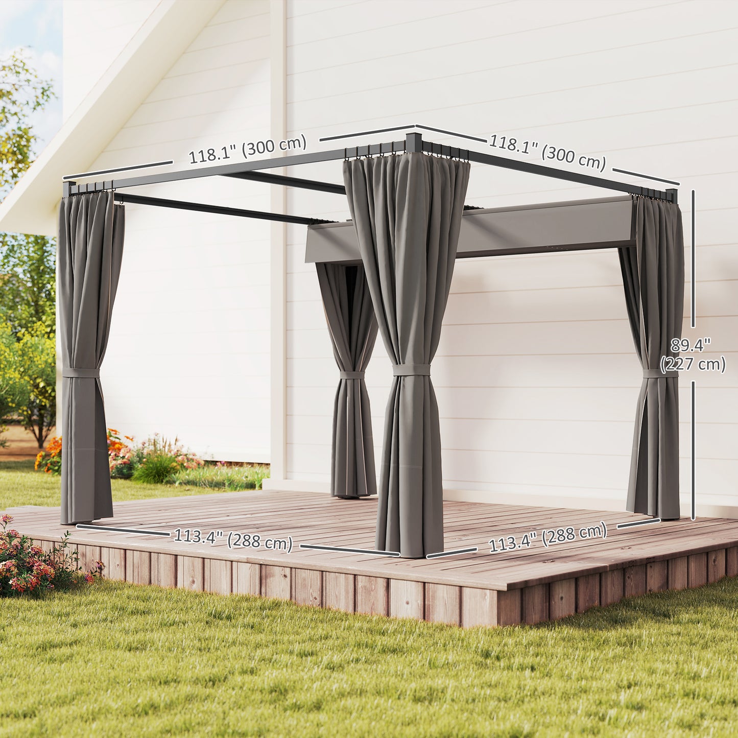 Pergola with Retractable Roof and Curtains, Light Grey - Stay-outdoors.co.uk