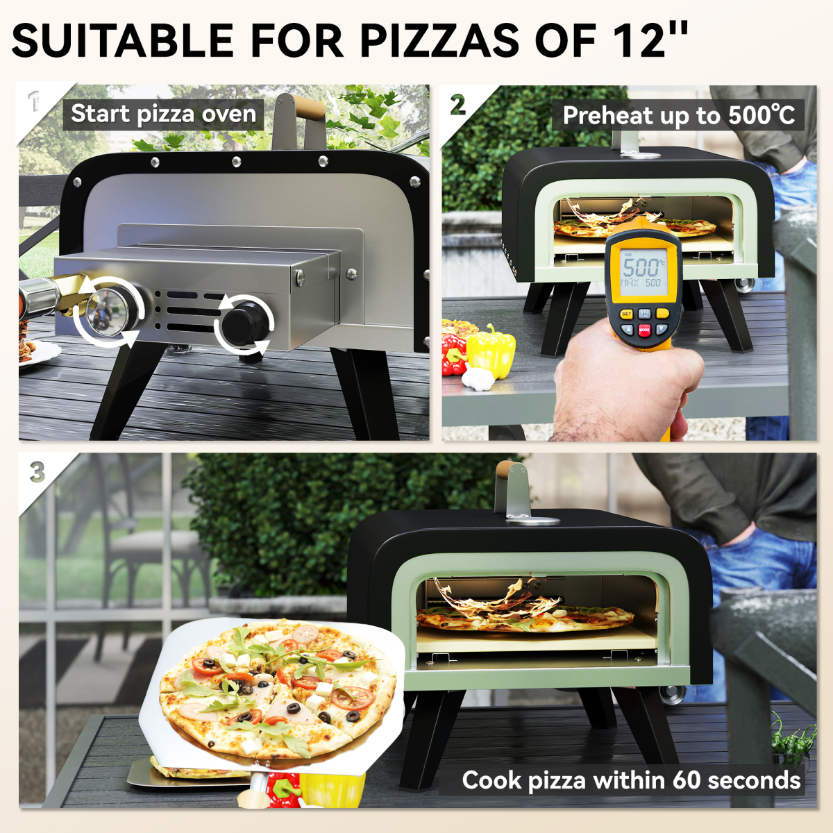 Outdoor Table top Gas Pizza Oven with 12" Pizza Stone & Peel, Black - Stay-outdoors.co.uk