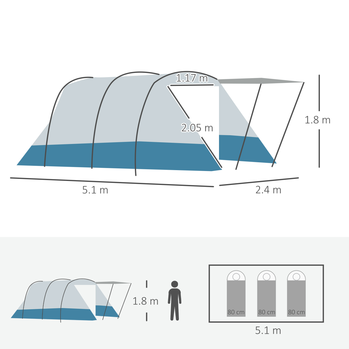 6-8 Person Tunnel Tent, Two-room Camping Tent.