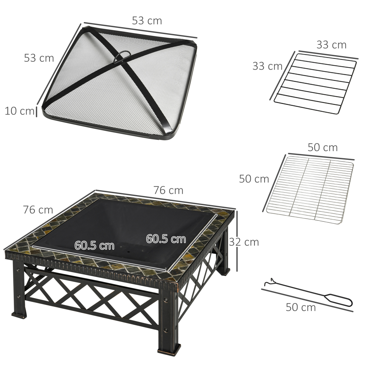 76cm Square Garden Fire Pit Square Table w/ Poker Mesh Cover Log Grate - Stay-outdoors.co.uk