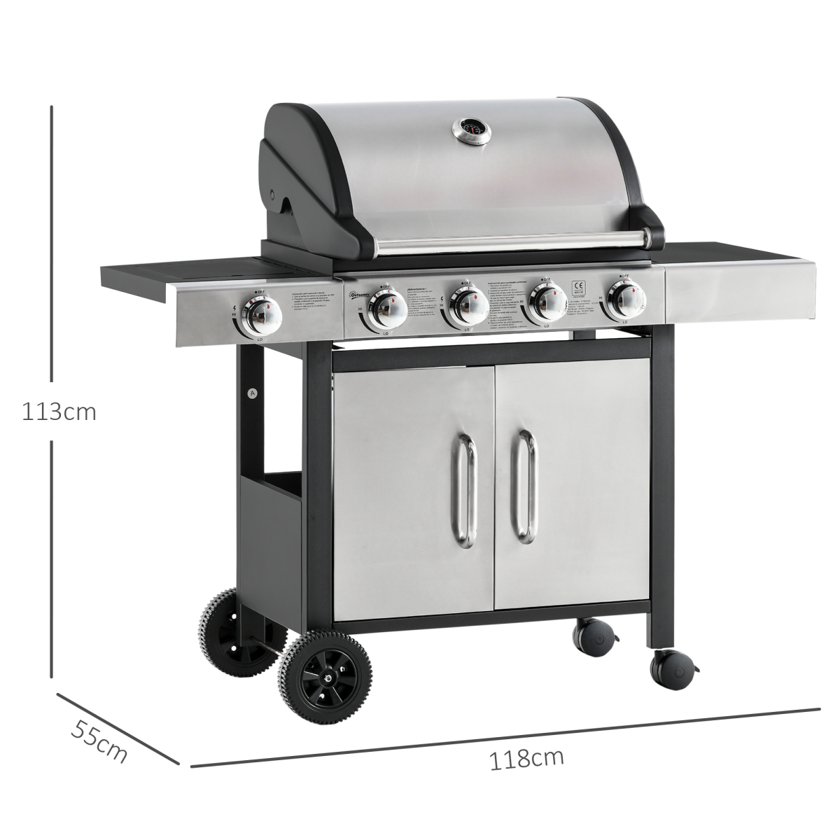 Gas Barbecue Grill 4+1 Burner with Trolley Rack β Stainless Steel (128 x 50 x 113cm) - Stay-outdoors.co.uk