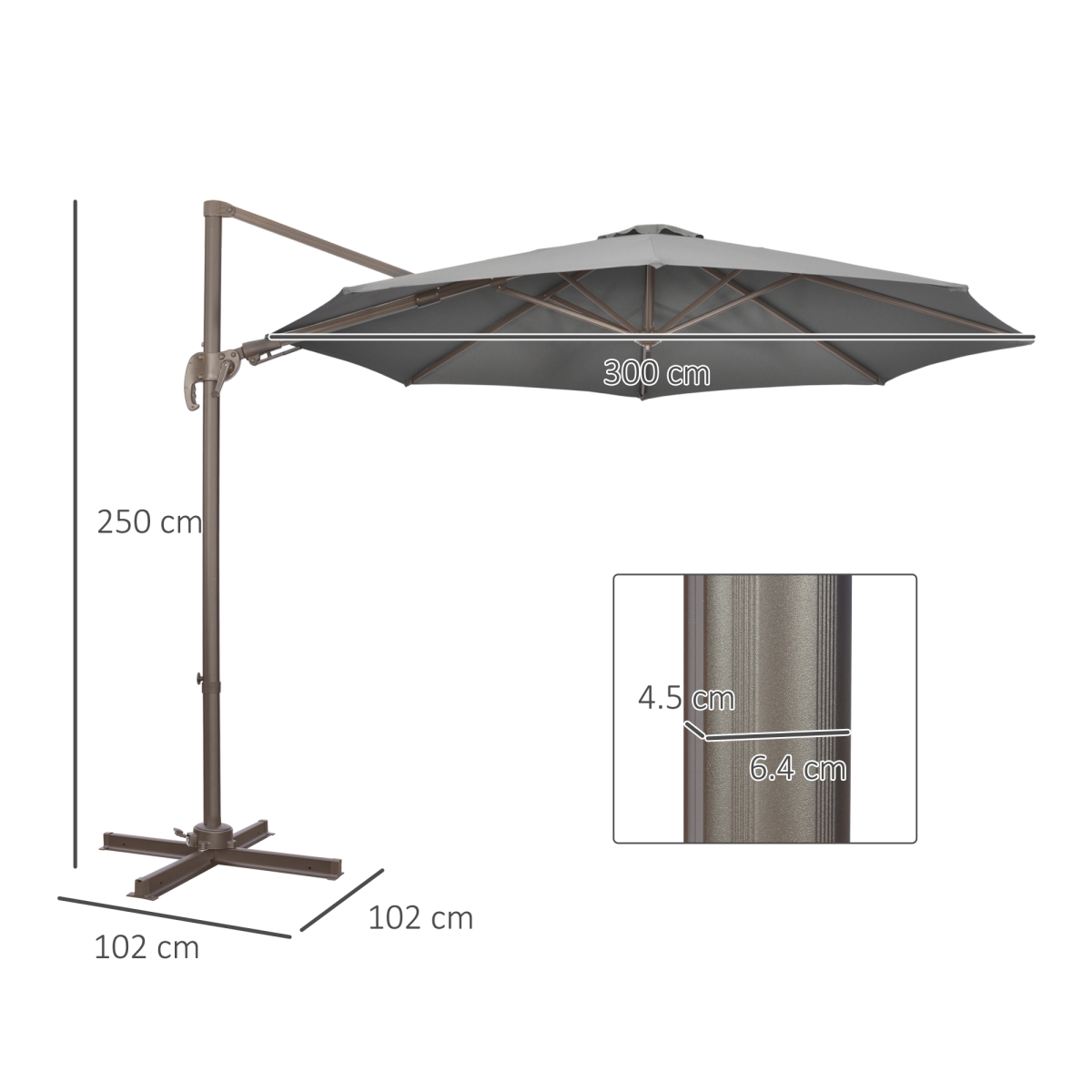 3(m) Cantilever Parasol 360� Rotation Roma Umbrella with Tilt Grey - Stay-outdoors.co.uk