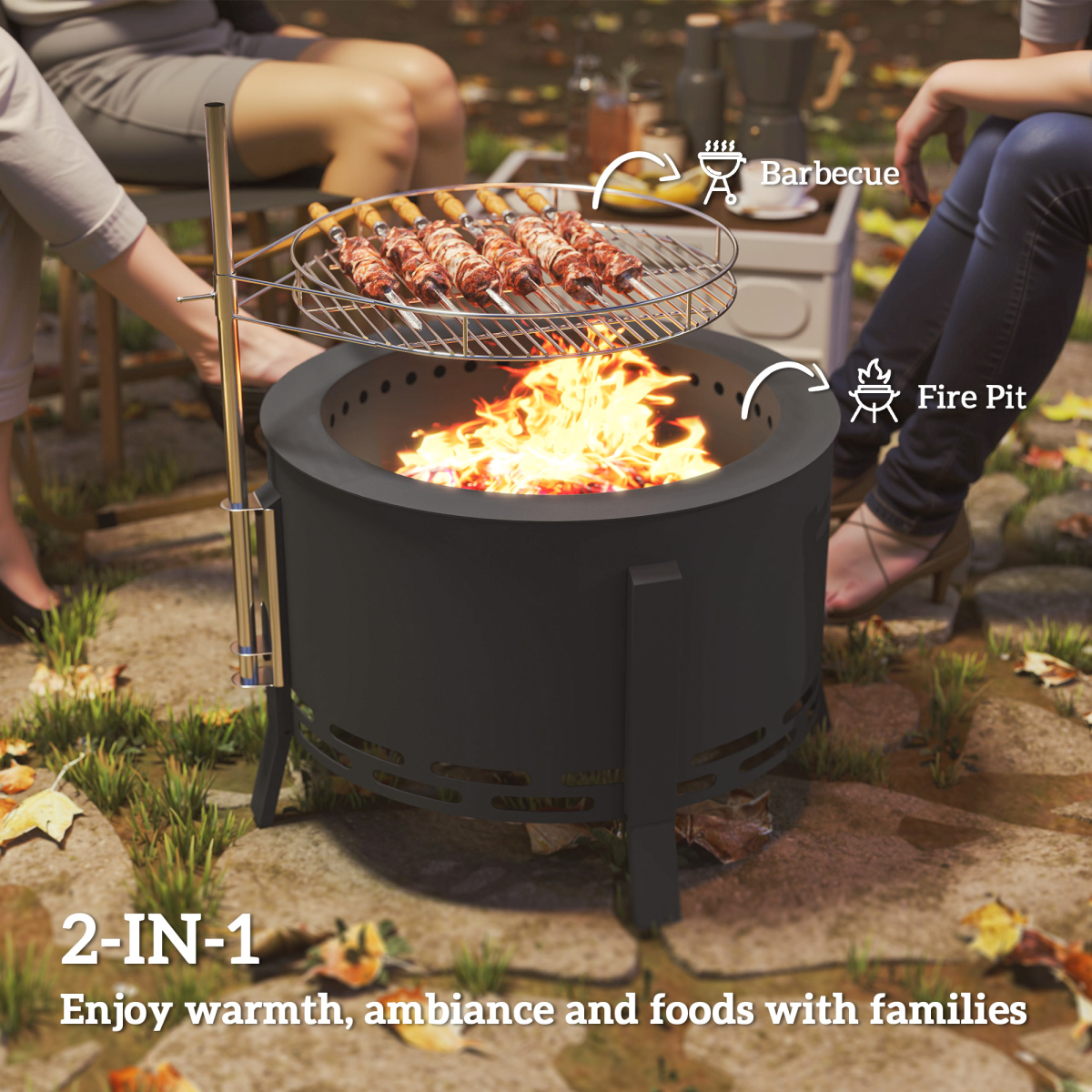 Portable Fire Pit, 58 cm Round Firepit with Grill Grate, Black - Stay-outdoors.co.uk