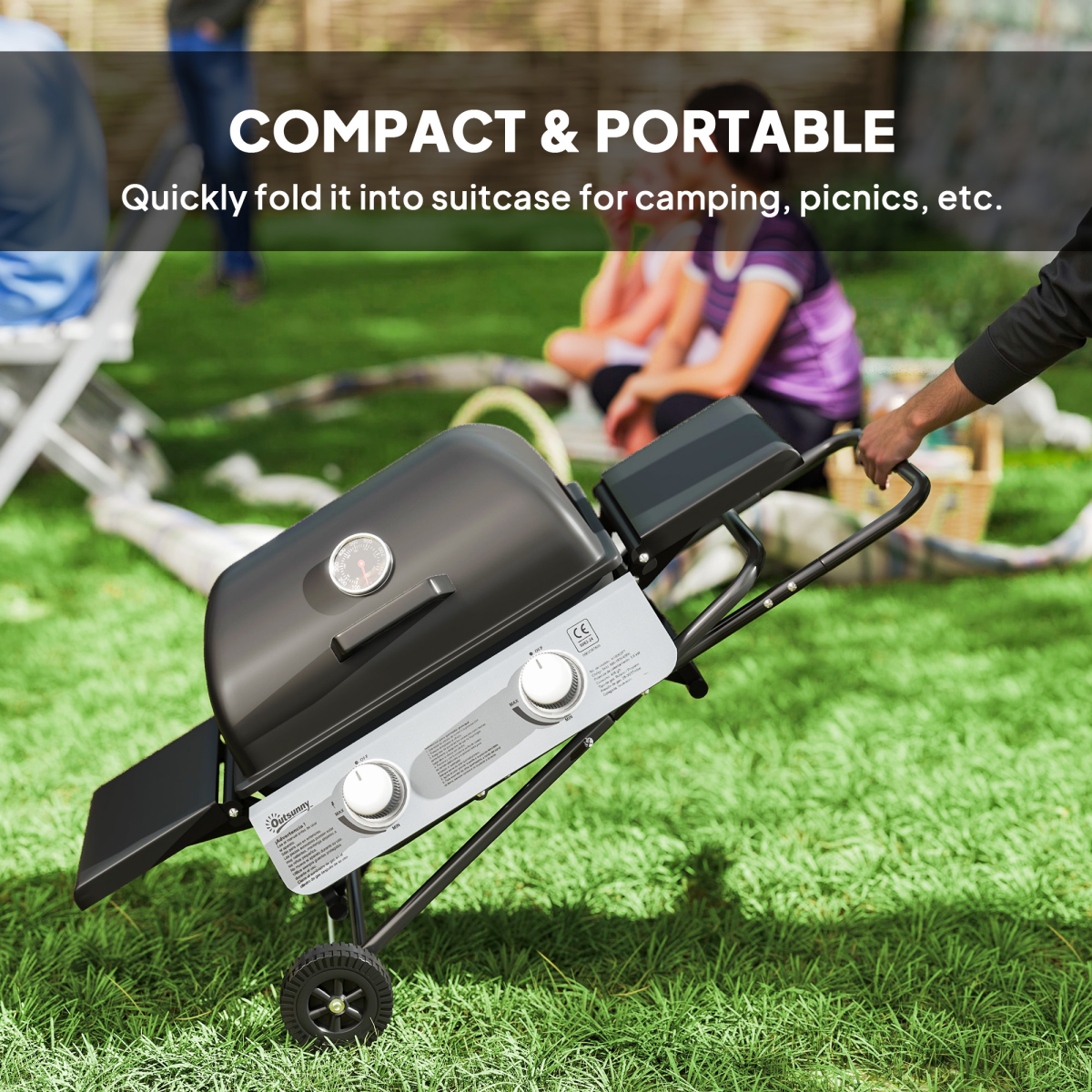 Portable Foldable Gas Barbecue Grill with Thermometer, Lid, Black - Stay-outdoors.co.uk