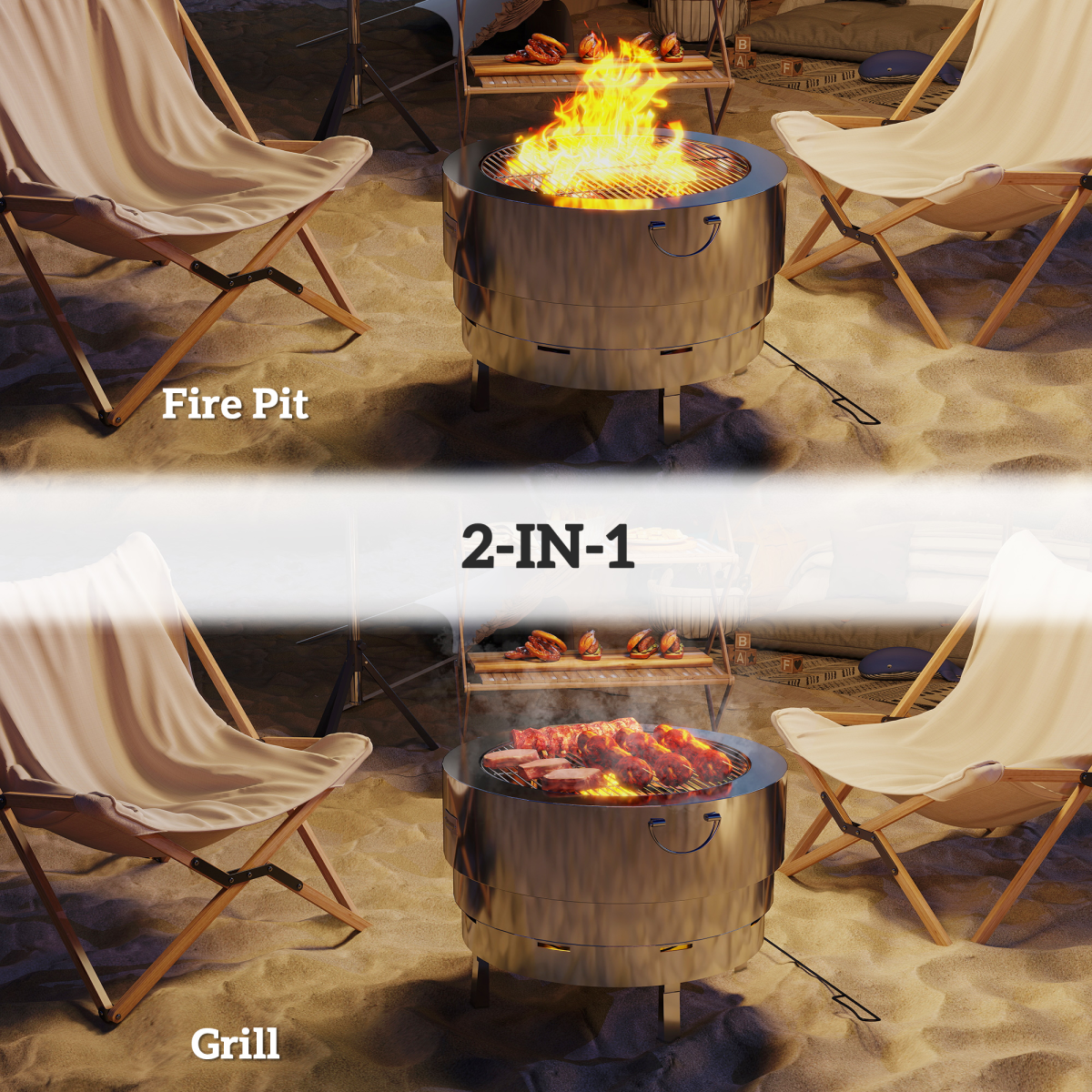 Round Fire Pit with Grill Net, Stainless Steel Firepit, Silver - Stay-outdoors.co.uk