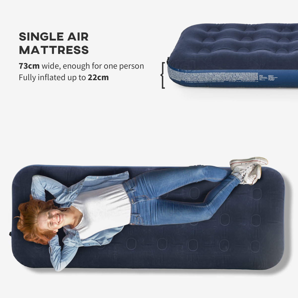 Single Air Mattress, Portable Air Bed with Flocked Surface, Blue - Stay-outdoors.co.uk