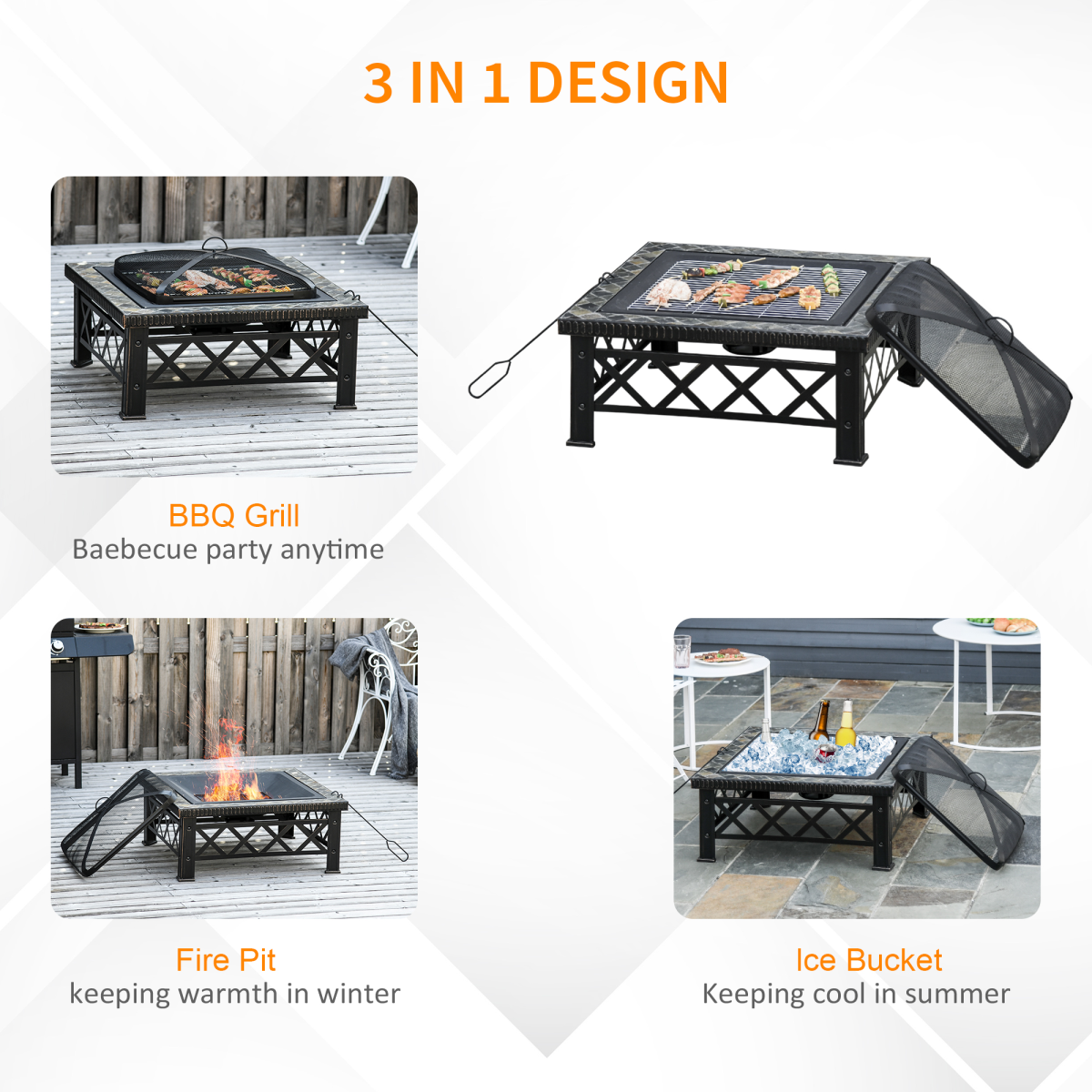 76cm Square Garden Fire Pit Square Table w/ Poker Mesh Cover Log Grate - Stay-outdoors.co.uk