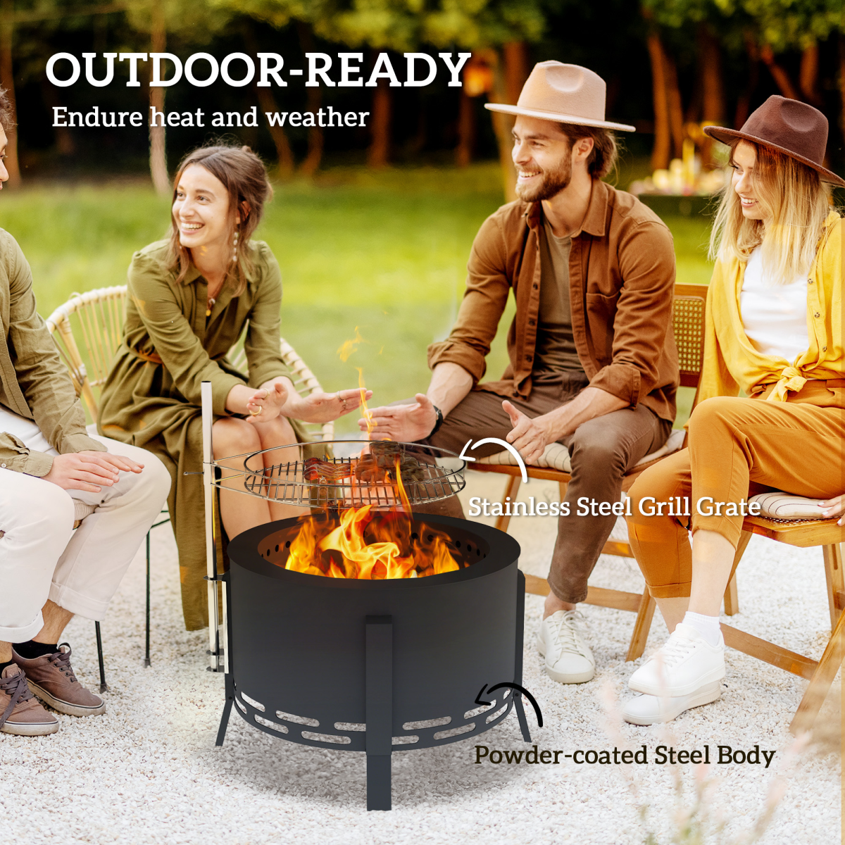 Portable Fire Pit, 58 cm Round Firepit with Grill Grate, Black - Stay-outdoors.co.uk