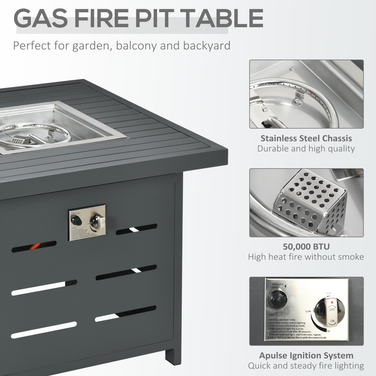 4 Seater Aluminium Garden Furniture Set with Gas Firepit Table, Grey - Stay-outdoors.co.uk