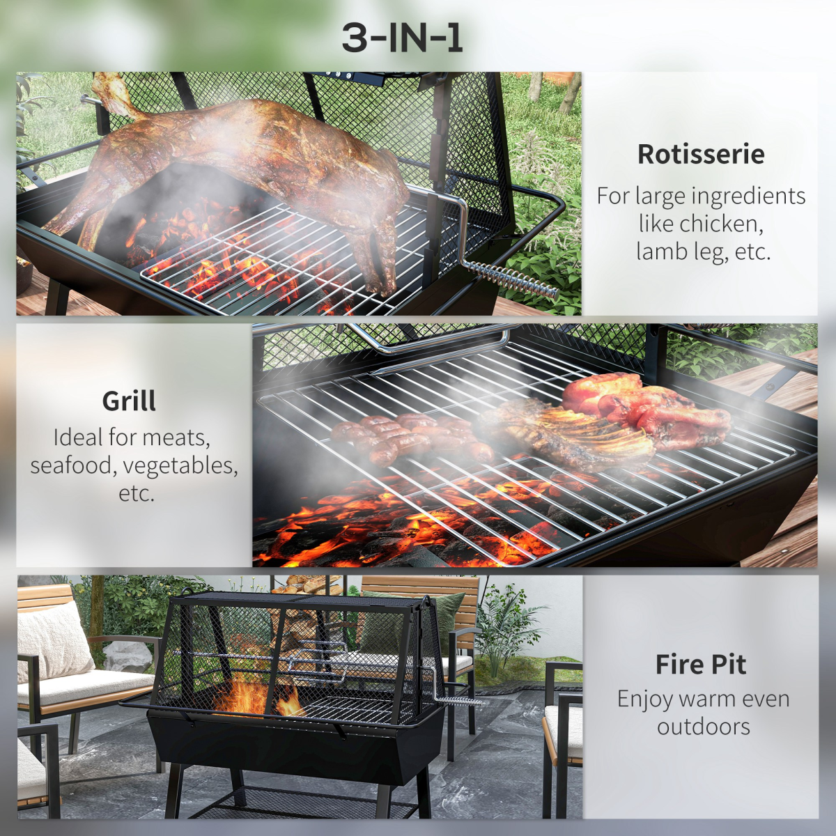 3-in-1 BBQ Rotisserie Grill Roaster Fire Pit. - Stay-outdoors.co.uk