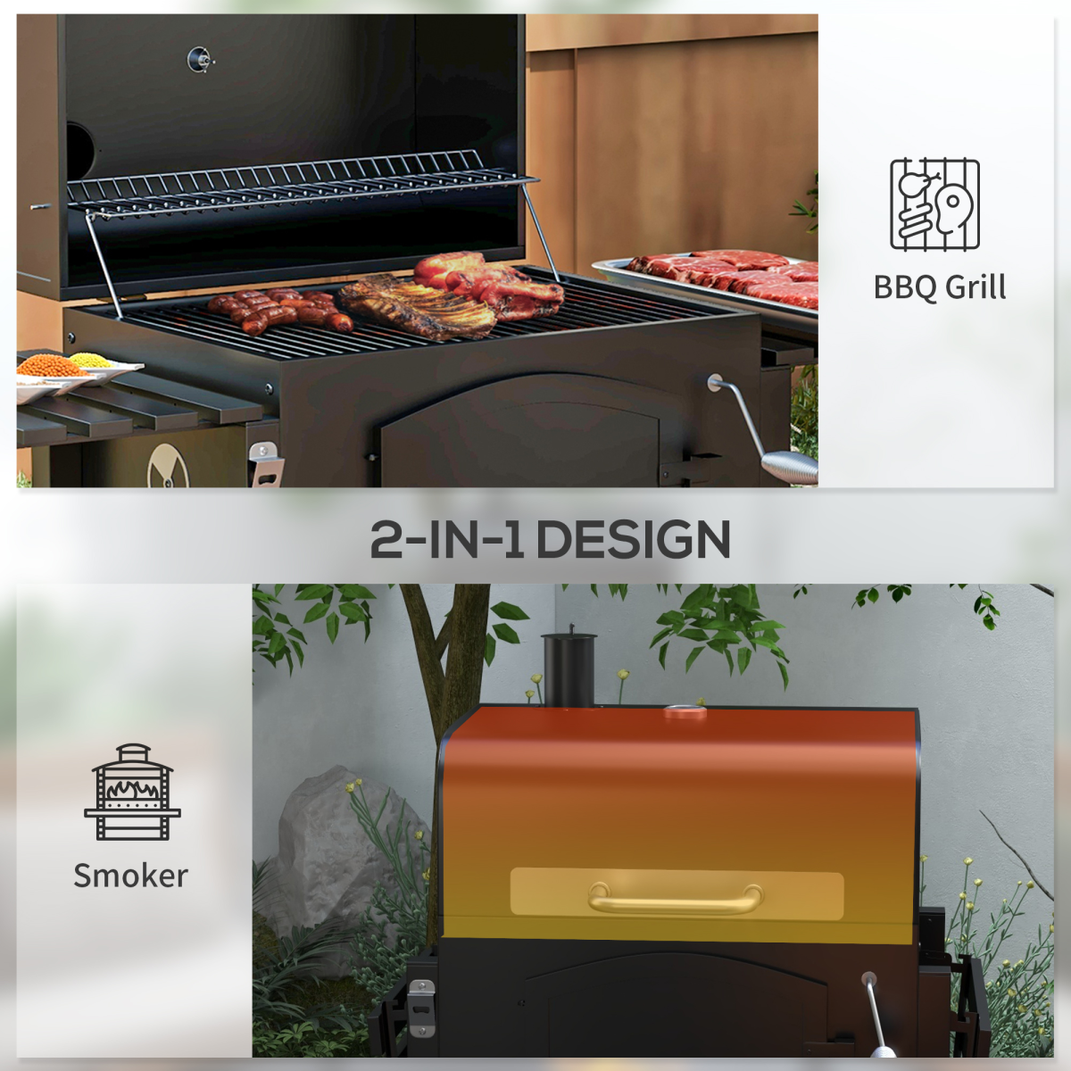 Charcoal Grill BBQ Trolley w/ Adjustable Charcoal Height & Thermometer - Stay-outdoors.co.uk