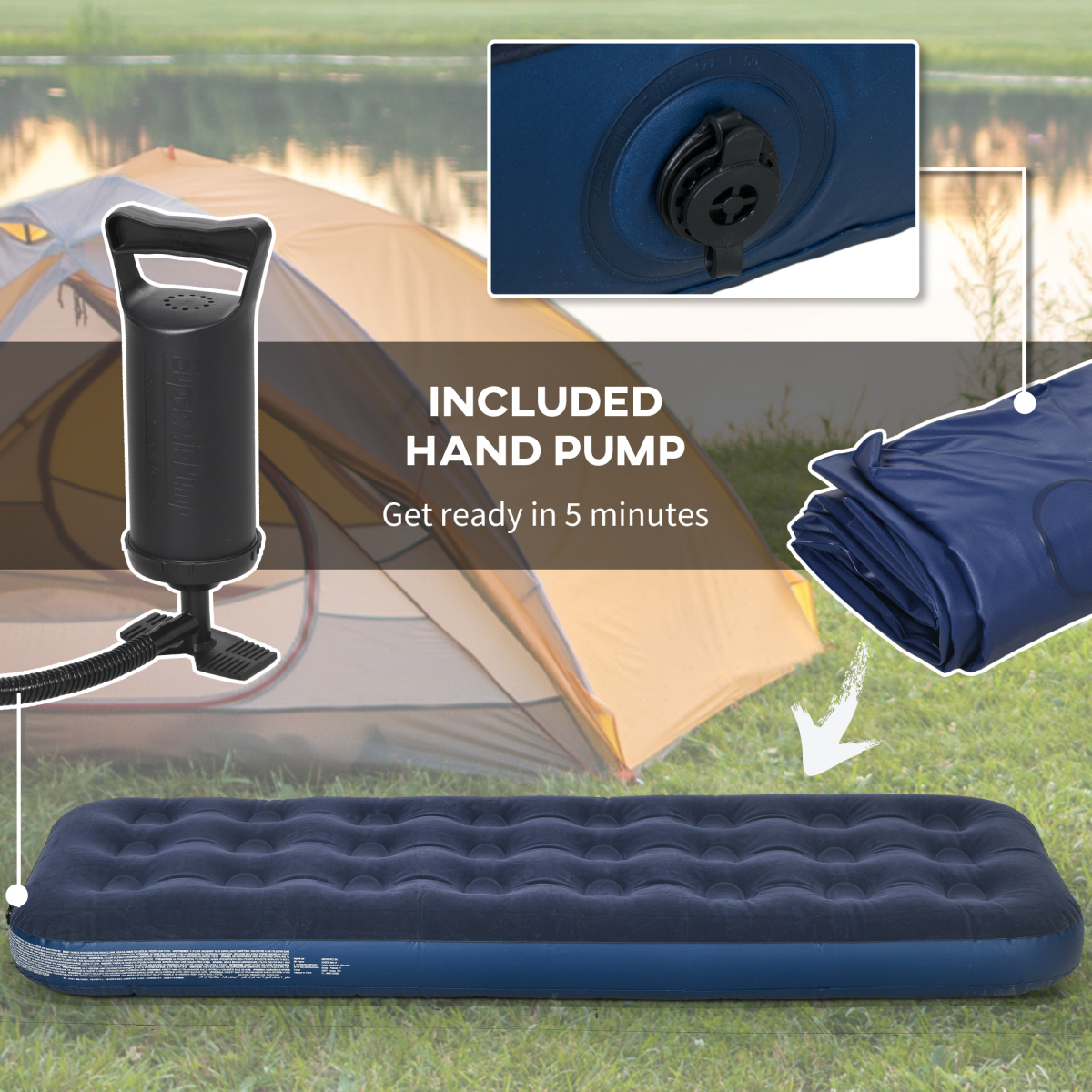 Single Air Mattress, Portable Air Bed with Flocked Surface, Blue - Stay-outdoors.co.uk