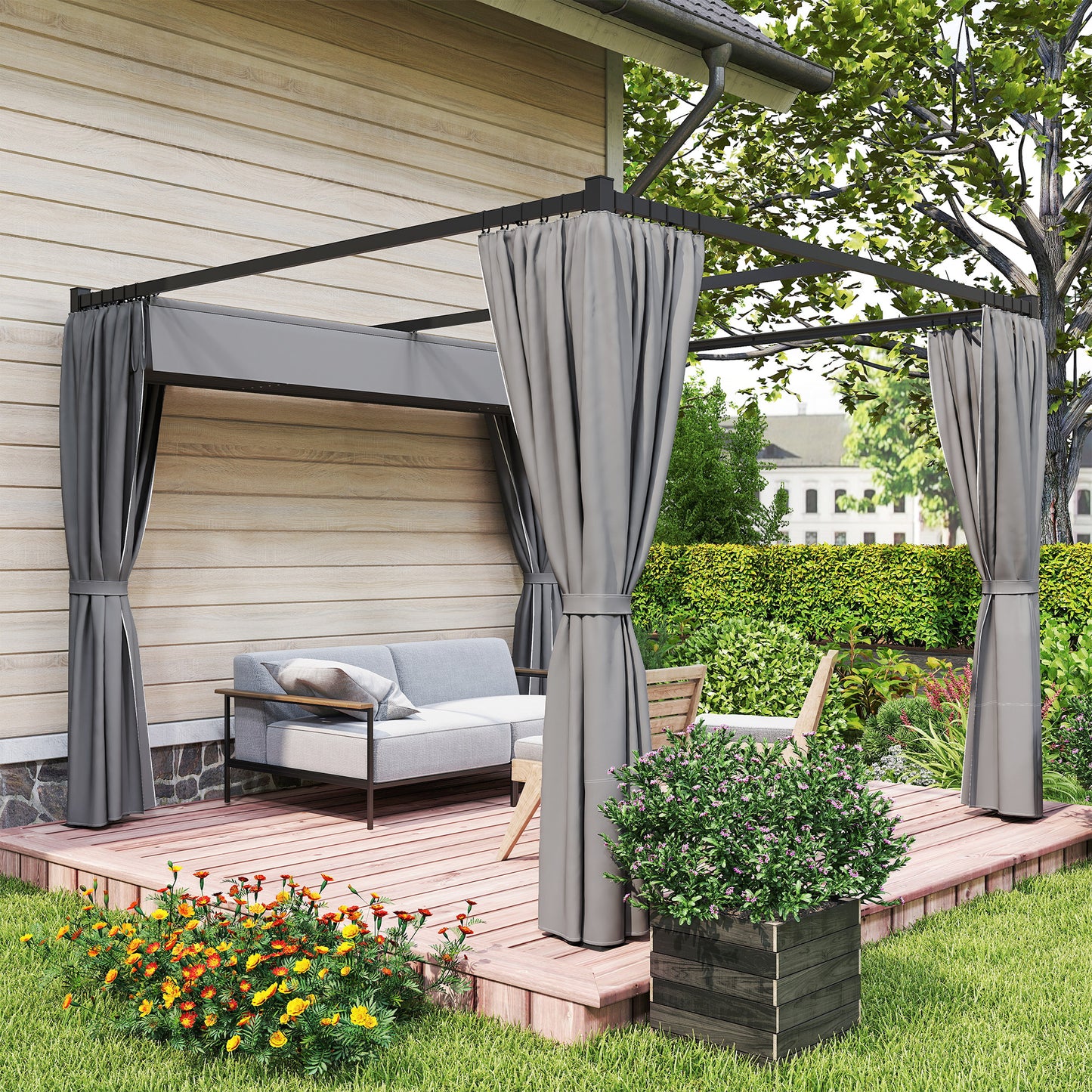 Pergola with Retractable Roof and Curtains, Light Grey - Stay-outdoors.co.uk