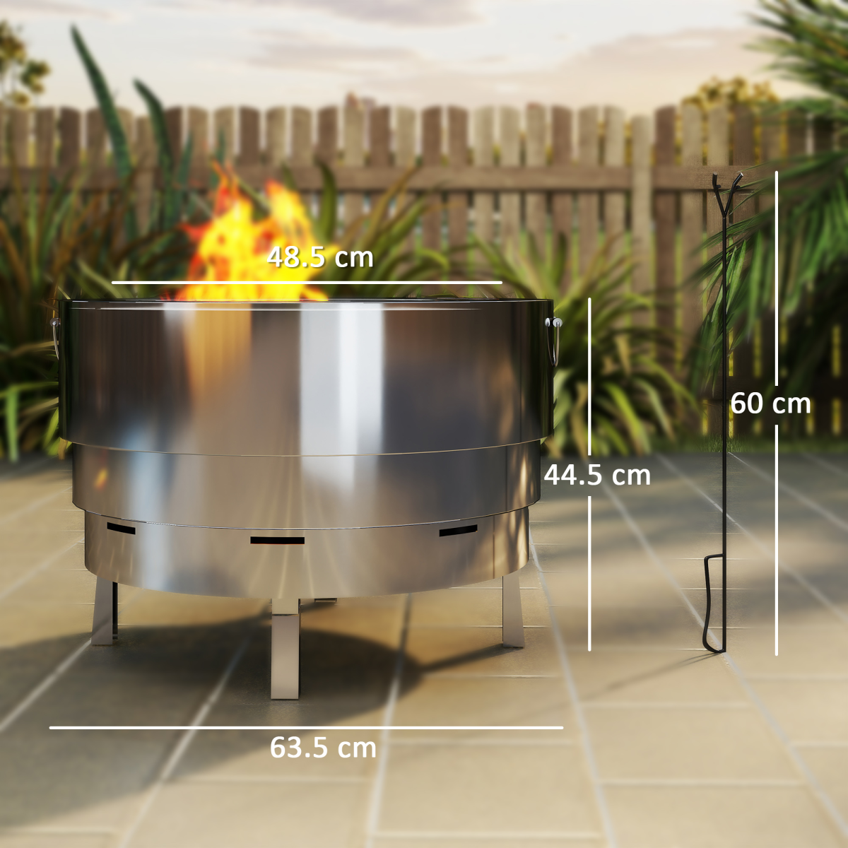 Round Fire Pit with Grill Net, Stainless Steel Firepit, Silver - Stay-outdoors.co.uk
