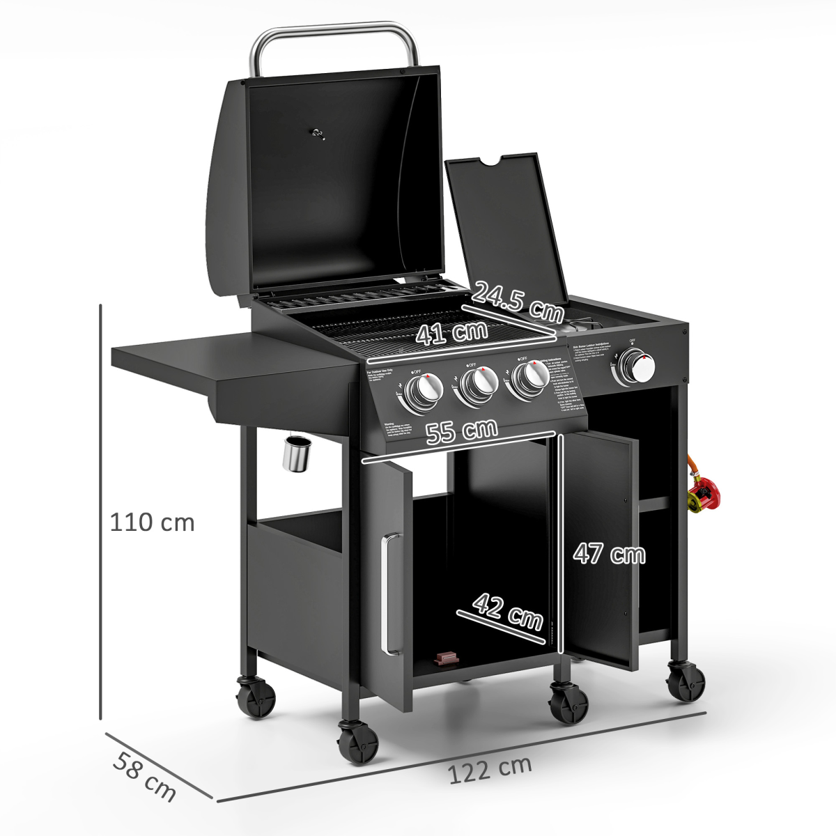 9.5 kW Gas Barbecue with 3+1 Burner, Storage Cabinet and Shelves - Stay-outdoors.co.uk