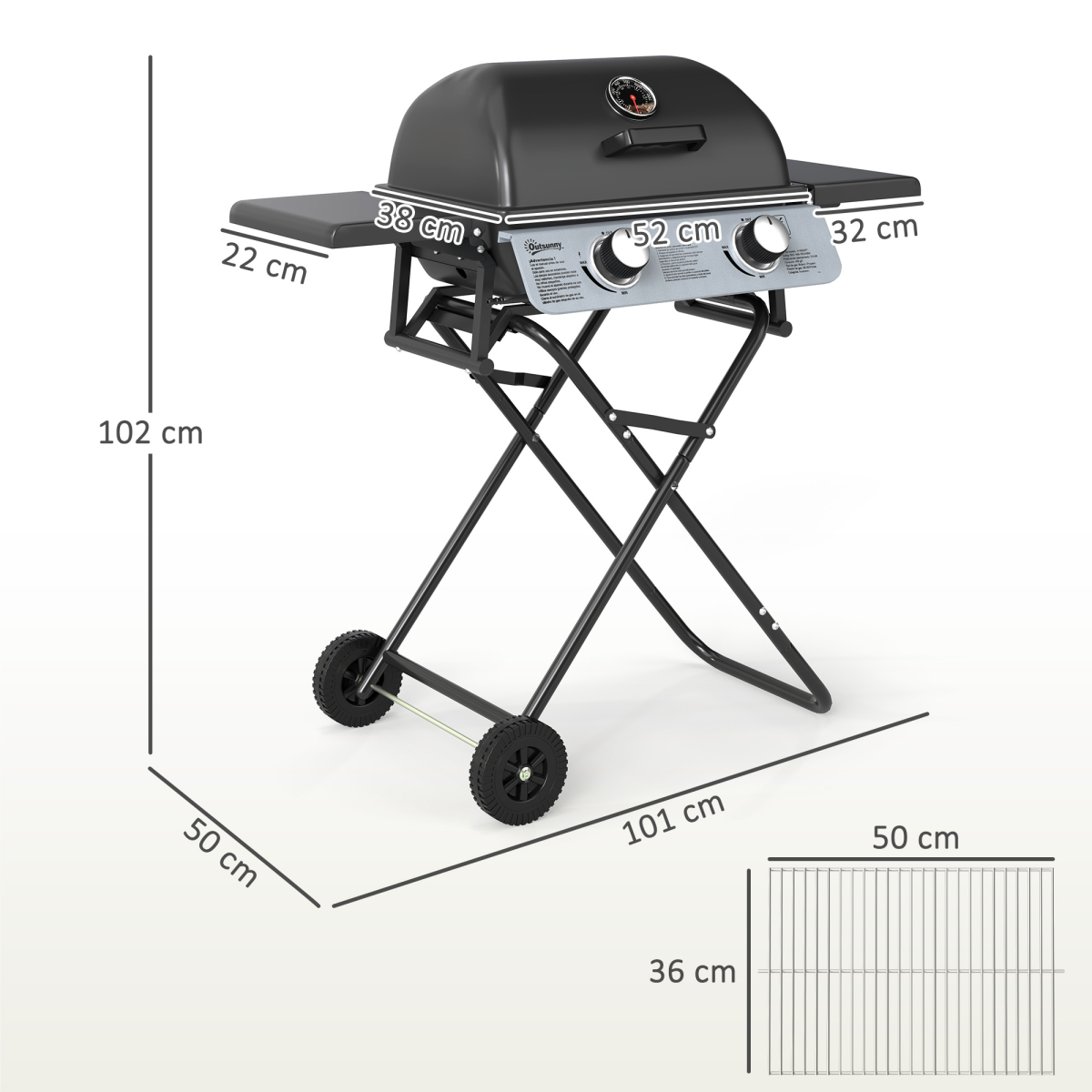 Portable Foldable Gas Barbecue Grill with Thermometer, Lid, Black - Stay-outdoors.co.uk