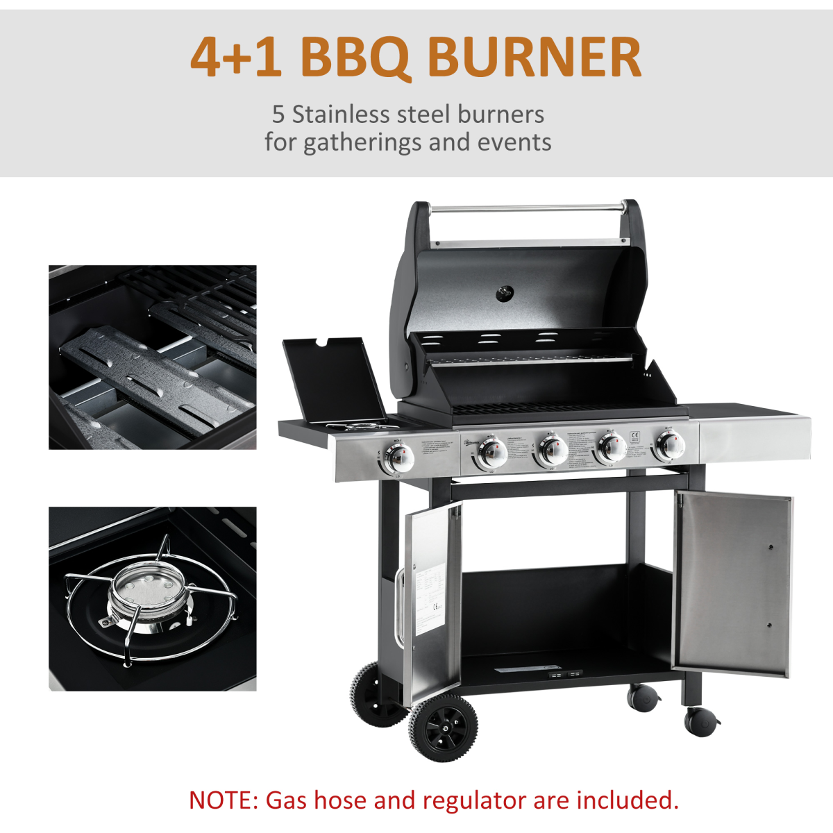Gas Barbecue Grill 4+1 Burner with Trolley Rack β Stainless Steel (128 x 50 x 113cm) - Stay-outdoors.co.uk