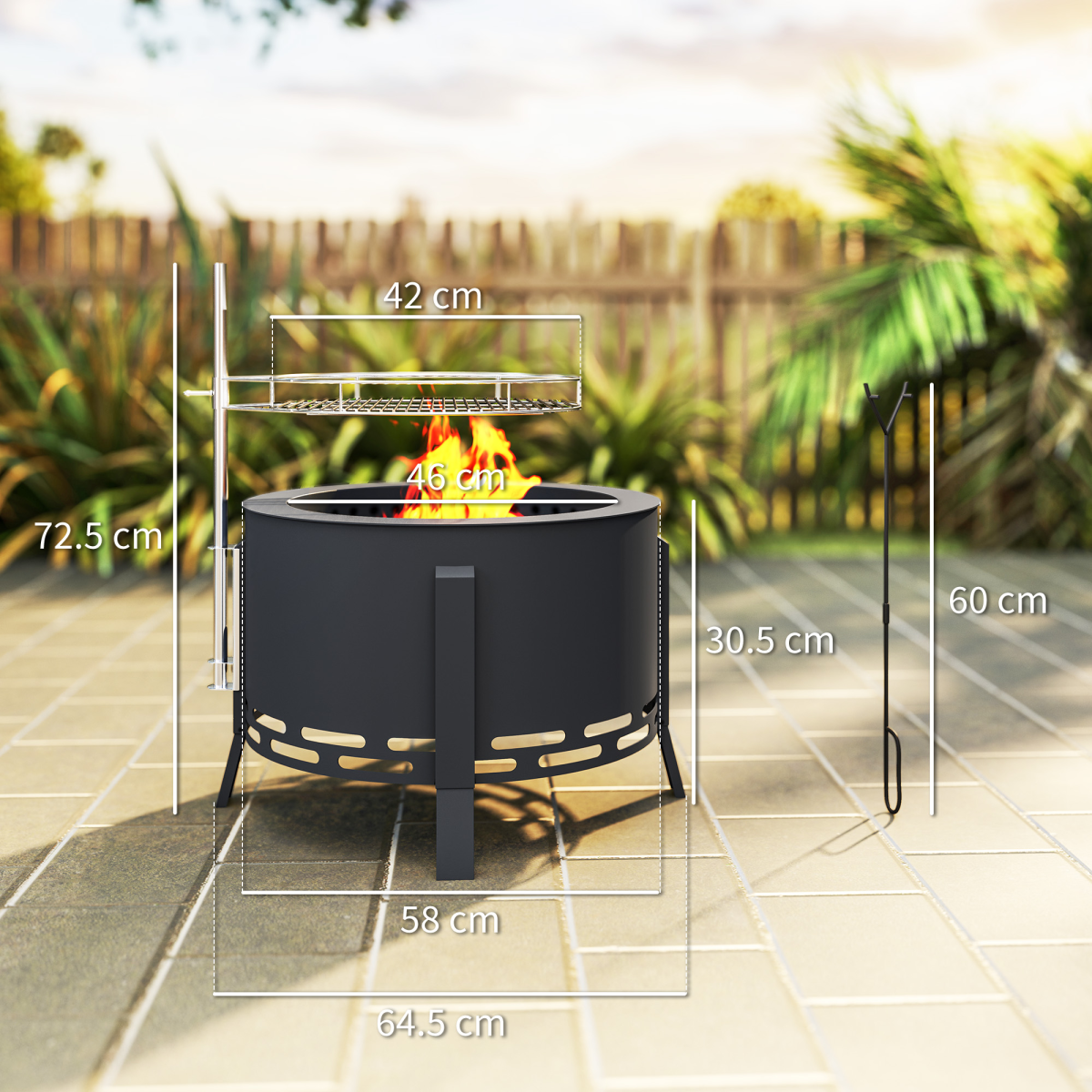 Portable Fire Pit, 58 cm Round Firepit with Grill Grate, Black - Stay-outdoors.co.uk