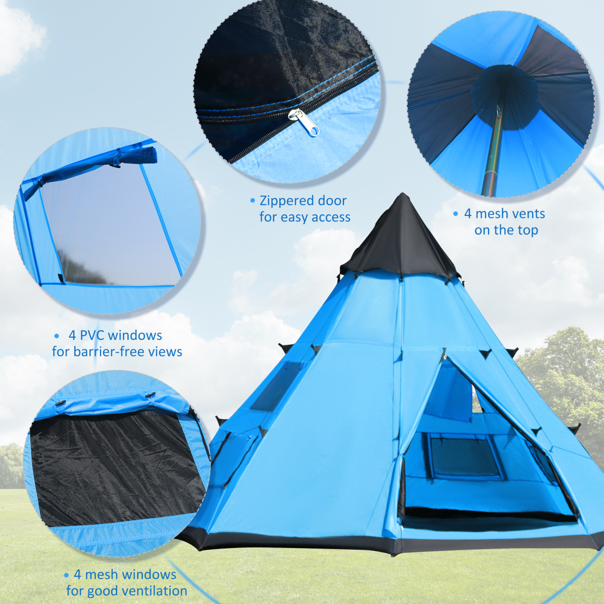 6-7 Person Large Family Tipi Camping Tent Carrying Bag, Mesh Window