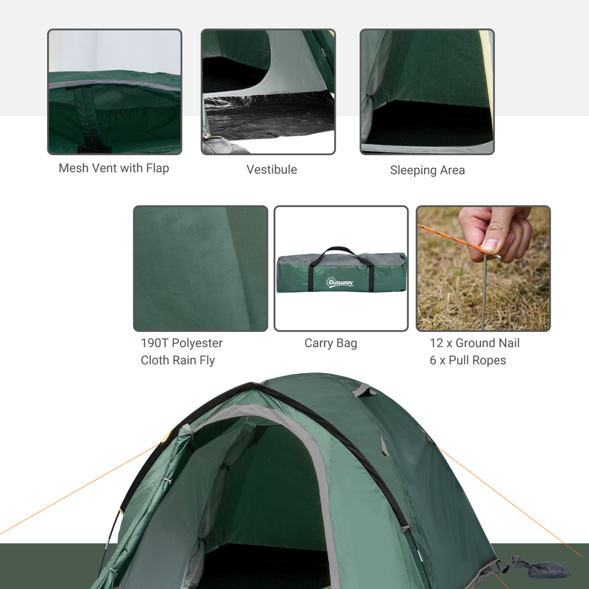 Compact Camping Tent w/ Vestibule & Mesh Vents for Hiking Green - Stay-outdoors.co.uk