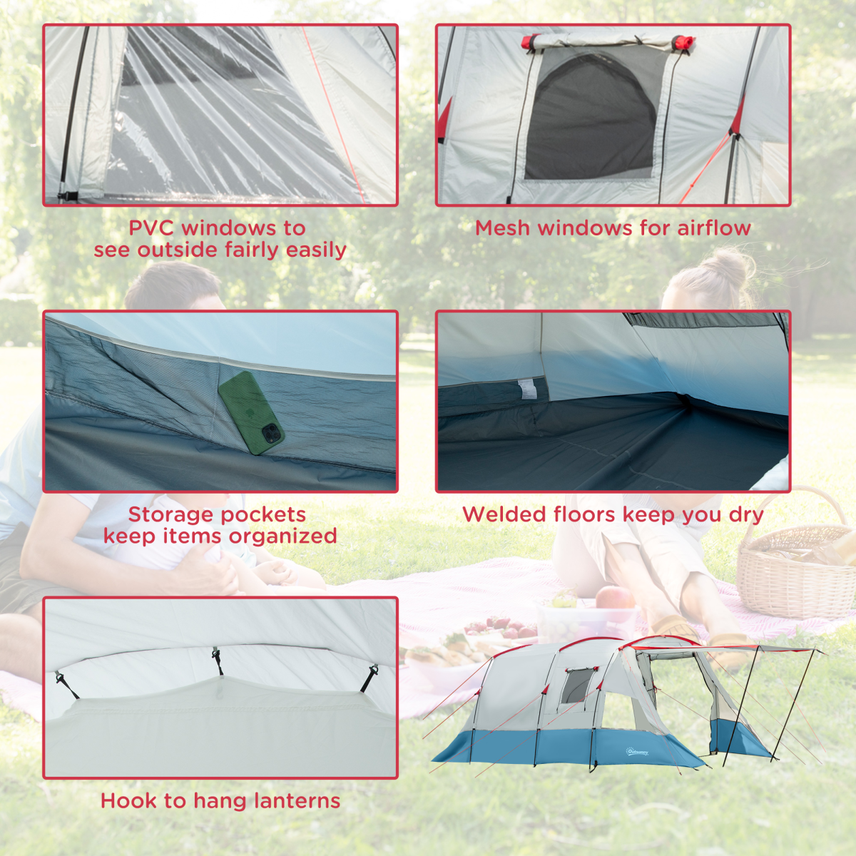 6-8 Person Tunnel Tent, Two-room Camping Tent.