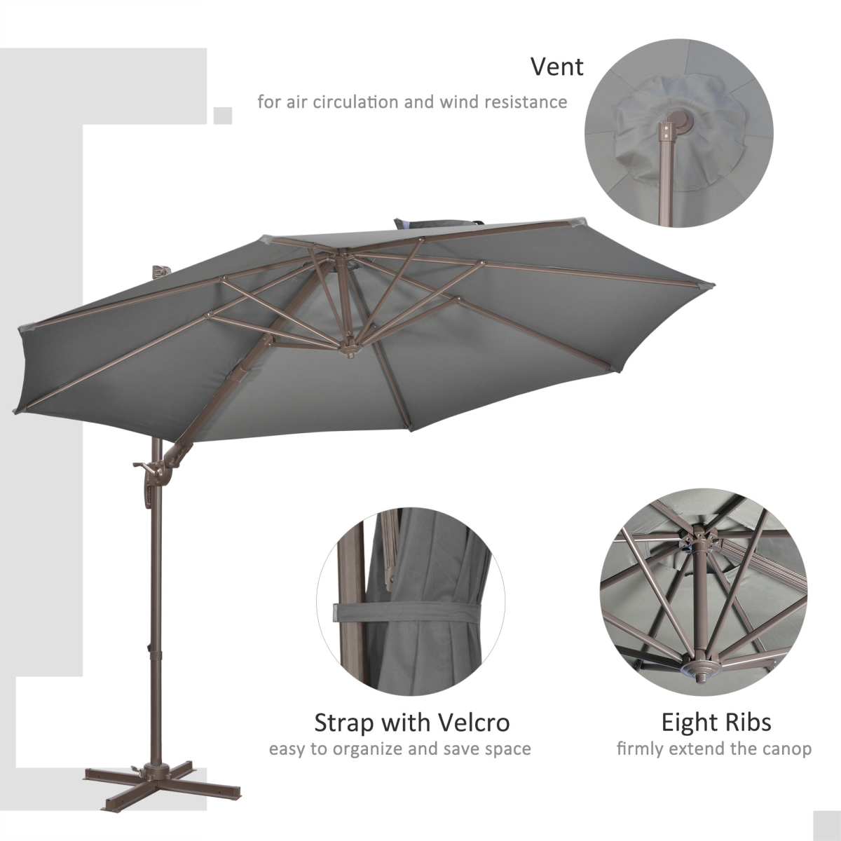 3(m) Cantilever Parasol 360� Rotation Roma Umbrella with Tilt Grey - Stay-outdoors.co.uk