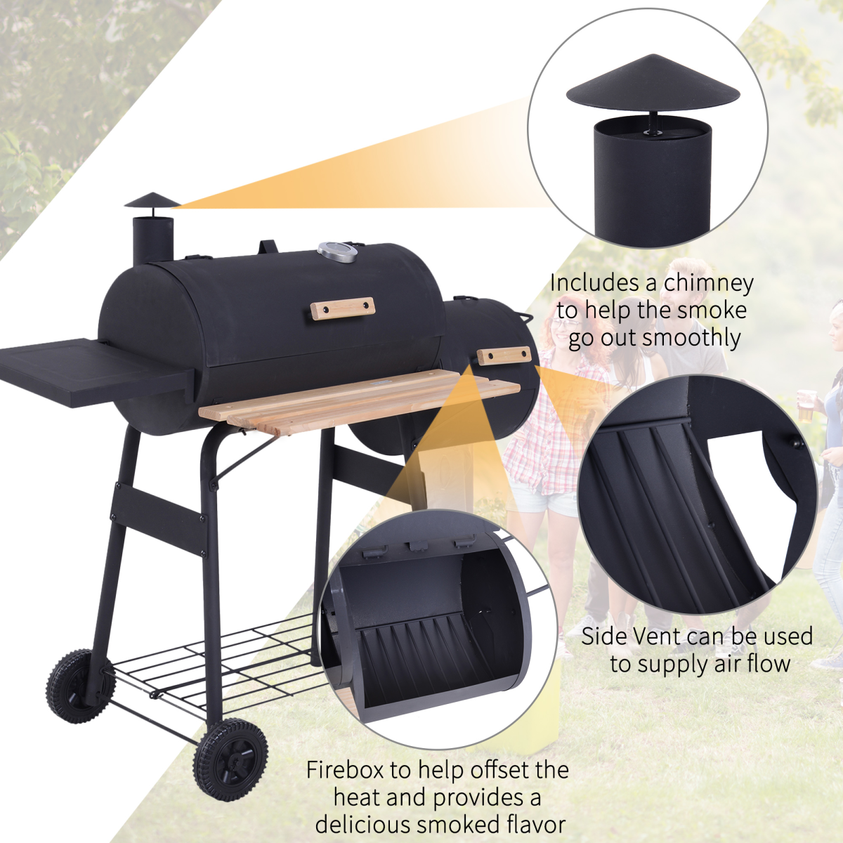 Portable Charcoal BBQ Grill Steel Offset Smoker Combo Backyard - Stay-outdoors.co.uk