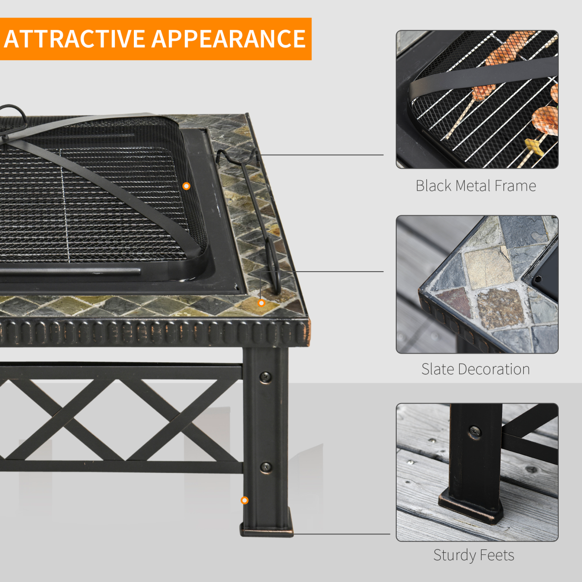 76cm Square Garden Fire Pit Square Table w/ Poker Mesh Cover Log Grate - Stay-outdoors.co.uk