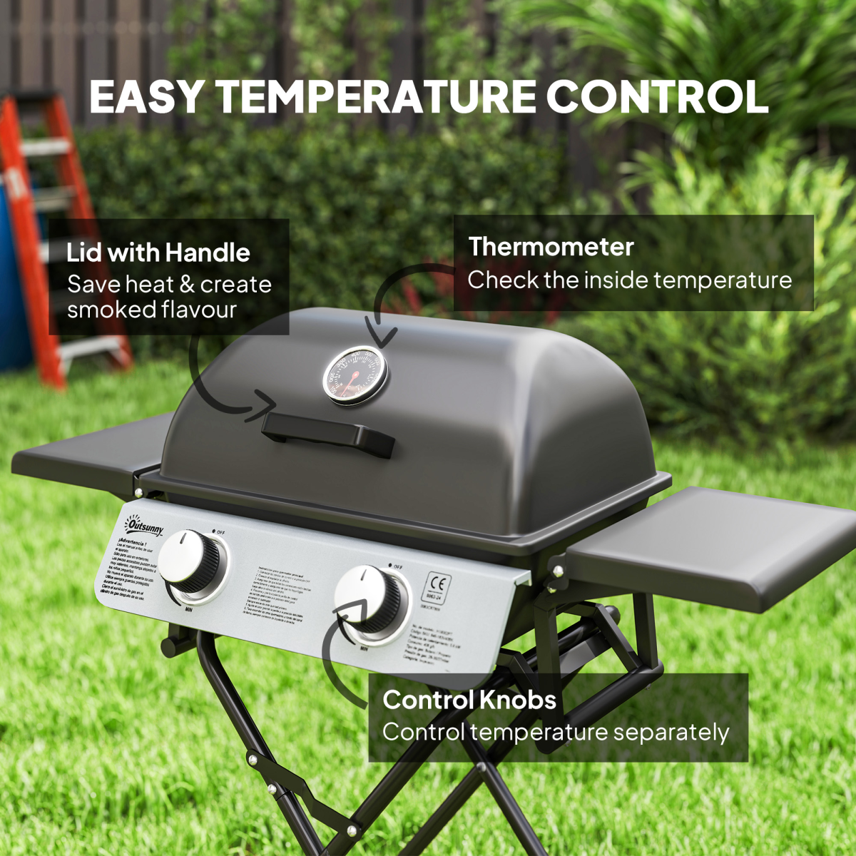 Portable Foldable Gas Barbecue Grill with Thermometer, Lid, Black - Stay-outdoors.co.uk
