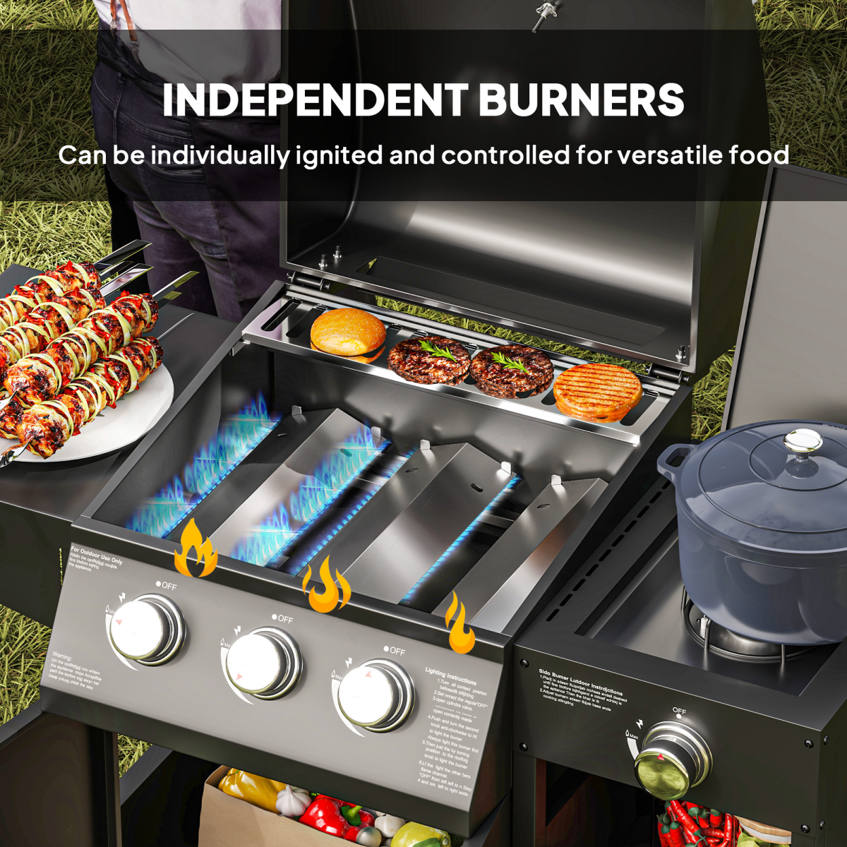 9.5 kW Gas Barbecue with 3+1 Burner, Storage Cabinet and Shelves - Stay-outdoors.co.uk