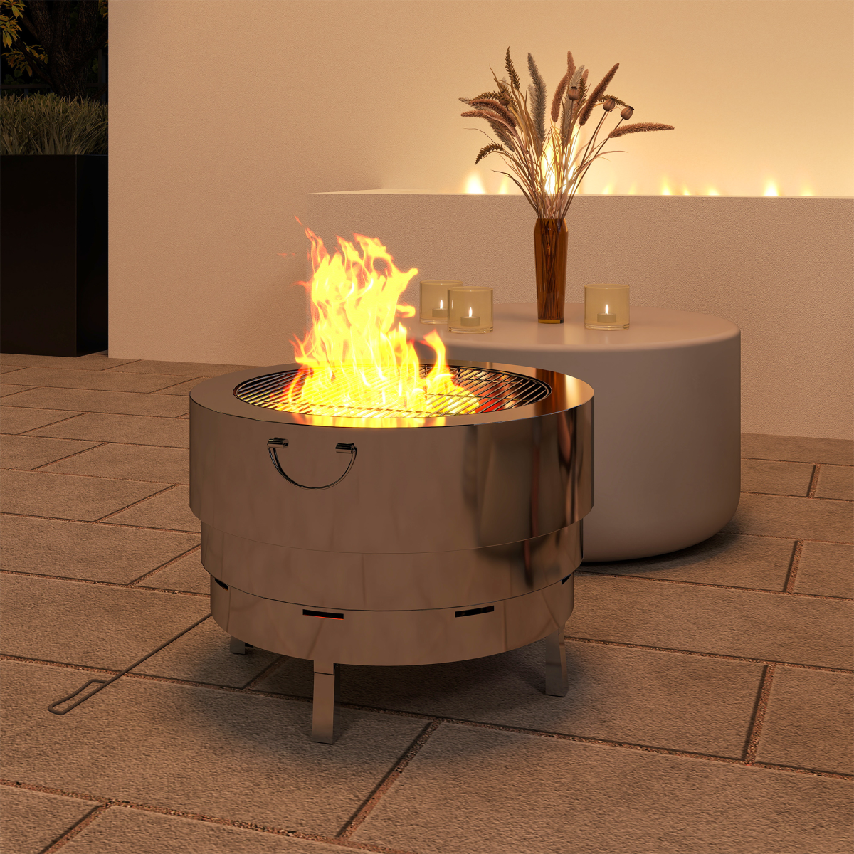 Round Fire Pit with Grill Net, Stainless Steel Firepit, Silver - Stay-outdoors.co.uk