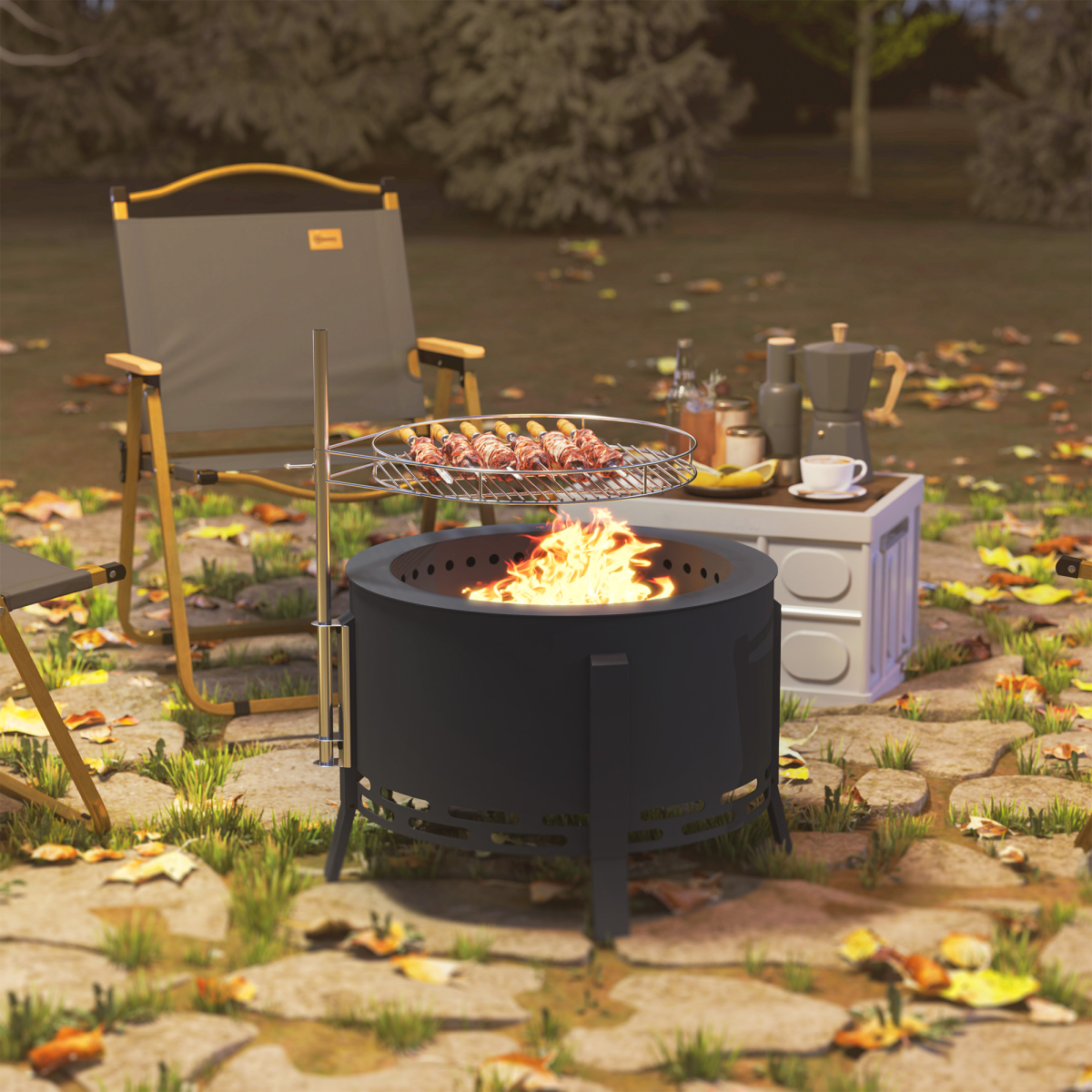 Portable Fire Pit, 58 cm Round Firepit with Grill Grate, Black - Stay-outdoors.co.uk