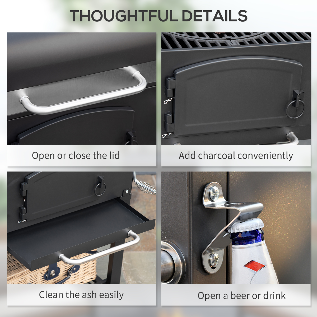 Charcoal Grill BBQ Trolley w/ Adjustable Charcoal Height & Thermometer - Stay-outdoors.co.uk