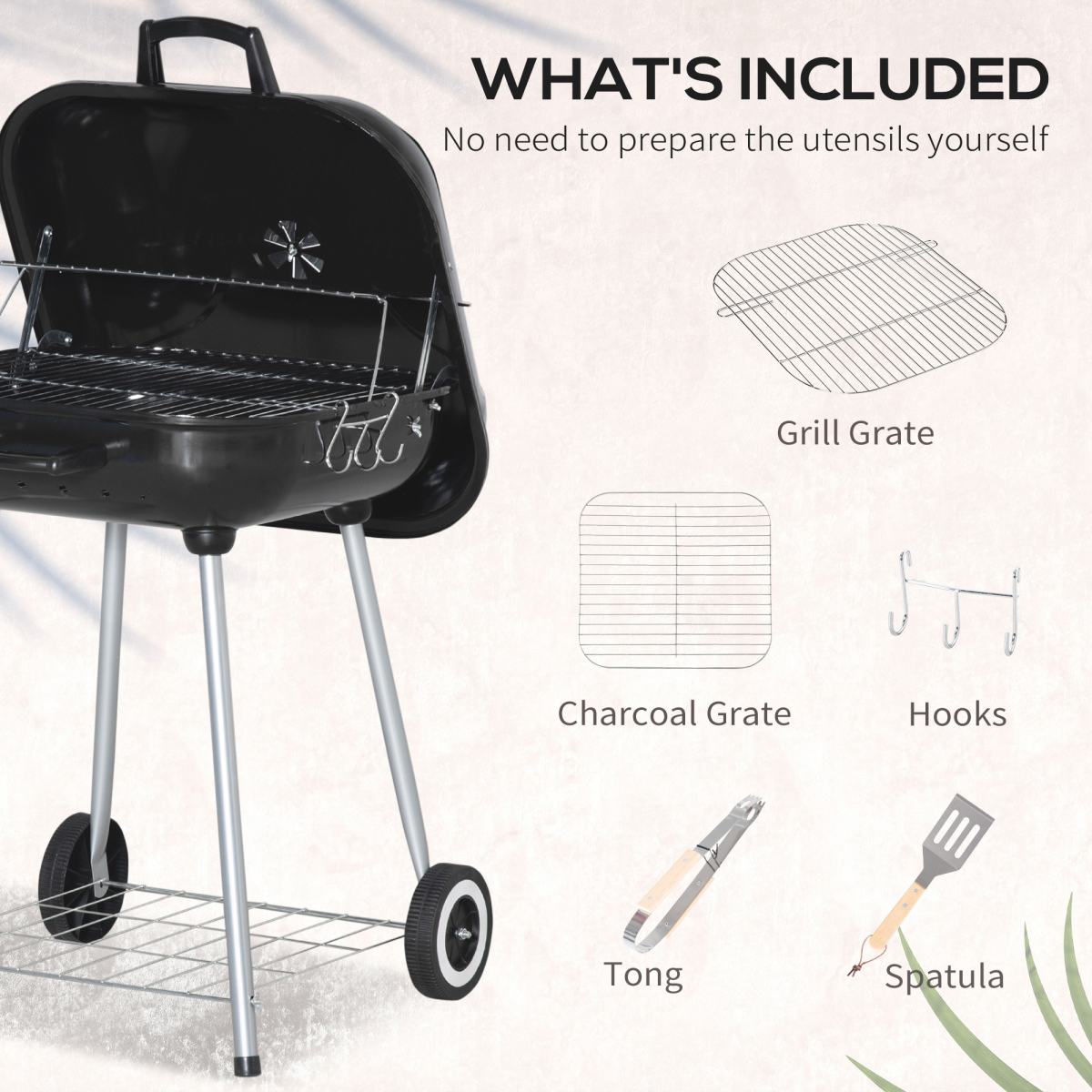 Outsunny BBQ Charcoal Smoker Grill Trolley with 2 Wheels and Grilling Utensils - Stay-outdoors.co.uk