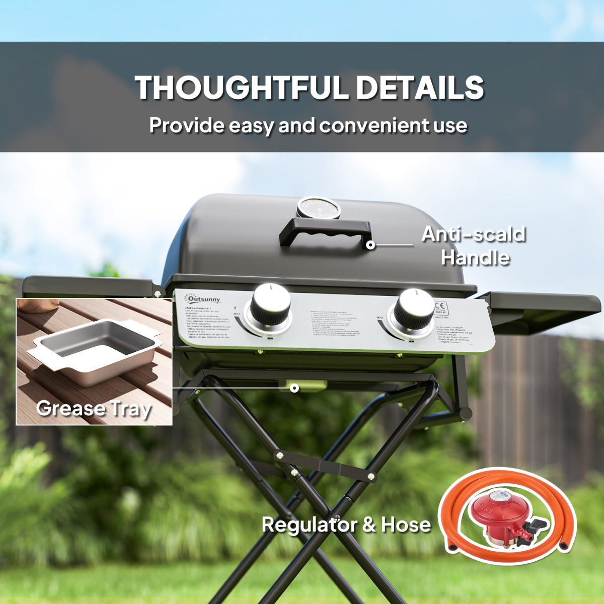 Portable Foldable Gas Barbecue Grill with Thermometer, Lid, Black - Stay-outdoors.co.uk