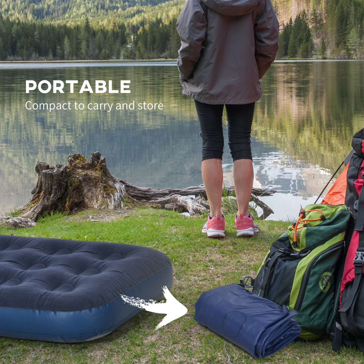 Single Air Mattress, Portable Air Bed with Flocked Surface, Blue - Stay-outdoors.co.uk