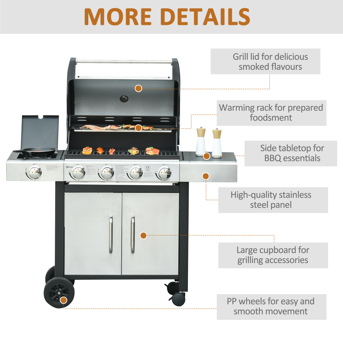 Gas Barbecue Grill 4+1 Burner with Trolley Rack β Stainless Steel (128 x 50 x 113cm) - Stay-outdoors.co.uk