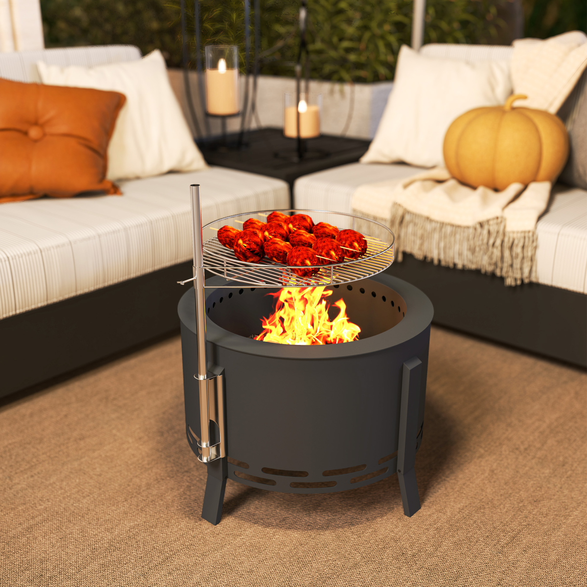 Portable Fire Pit, 58 cm Round Firepit with Grill Grate, Black - Stay-outdoors.co.uk